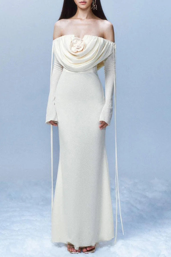 lila flower embellished pleated strapless maxi dress in white