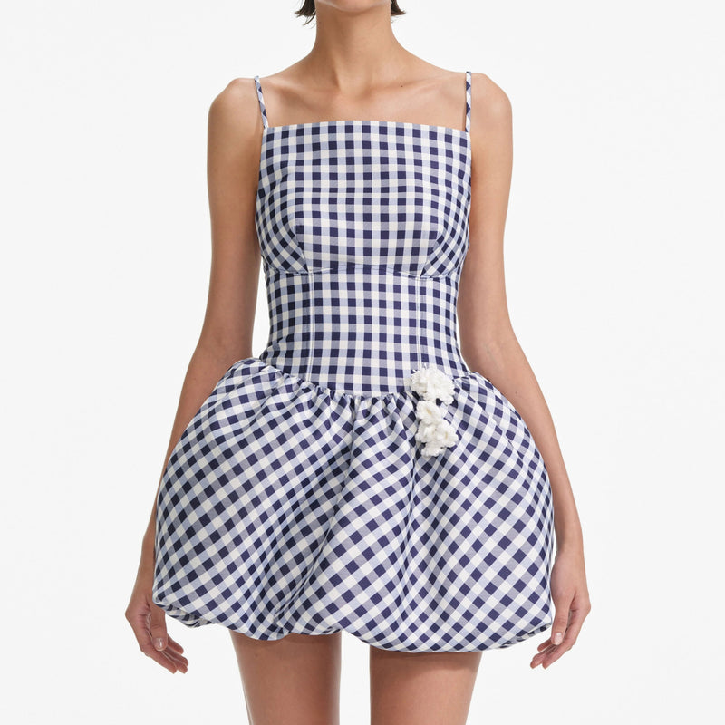 Navy Gingham Taffeta Mini Dress
