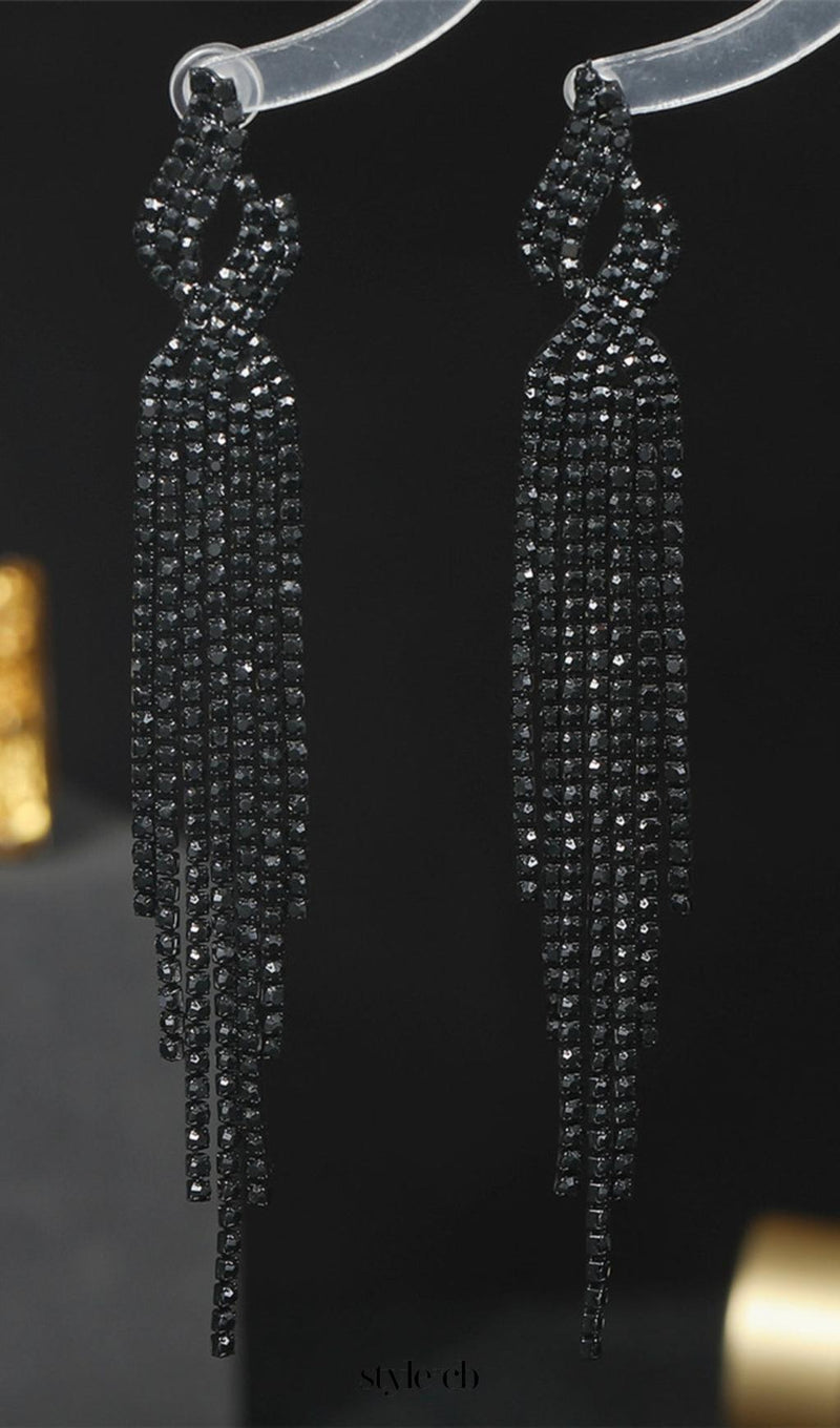 Dunya Black Rhinestone Tassel Earrings