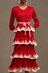 victoria Pleated Round Neck Long Sleeve Falbala Woven Maxi Dress in red