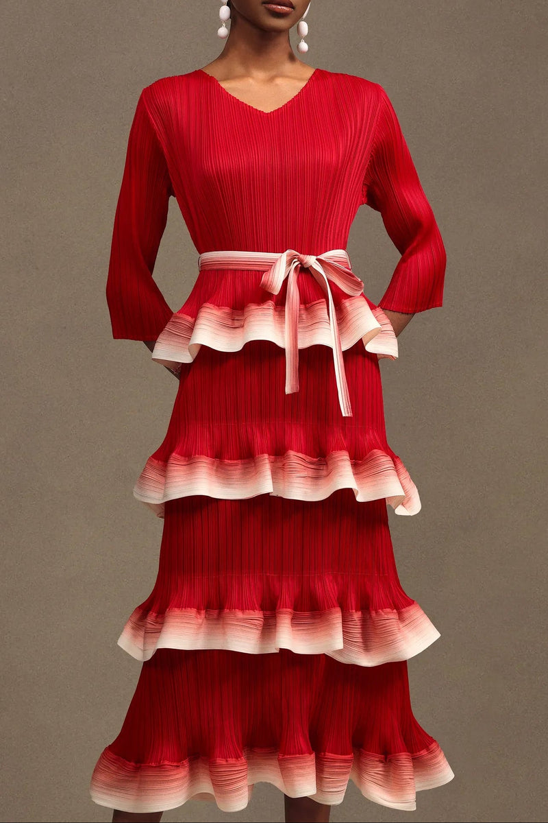 victoria Pleated Round Neck Long Sleeve Falbala Woven Maxi Dress in red