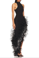 halter sleeveless Sequin Ruffle trim maxi dress in black