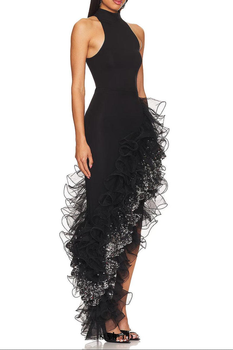 halter sleeveless Sequin Ruffle trim maxi dress in black