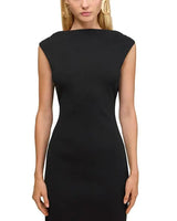 black sleeveless backless knit midi dress with two pleated golden embellishments