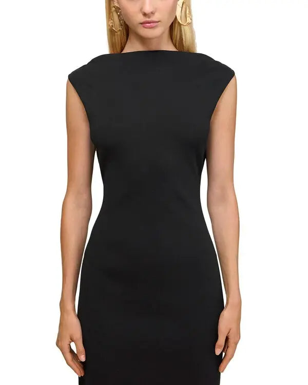 black sleeveless backless knit midi dress with two pleated golden embellishments