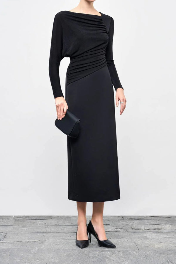 Mirabel A-line Back Slit Taffeta Midi Dress in black