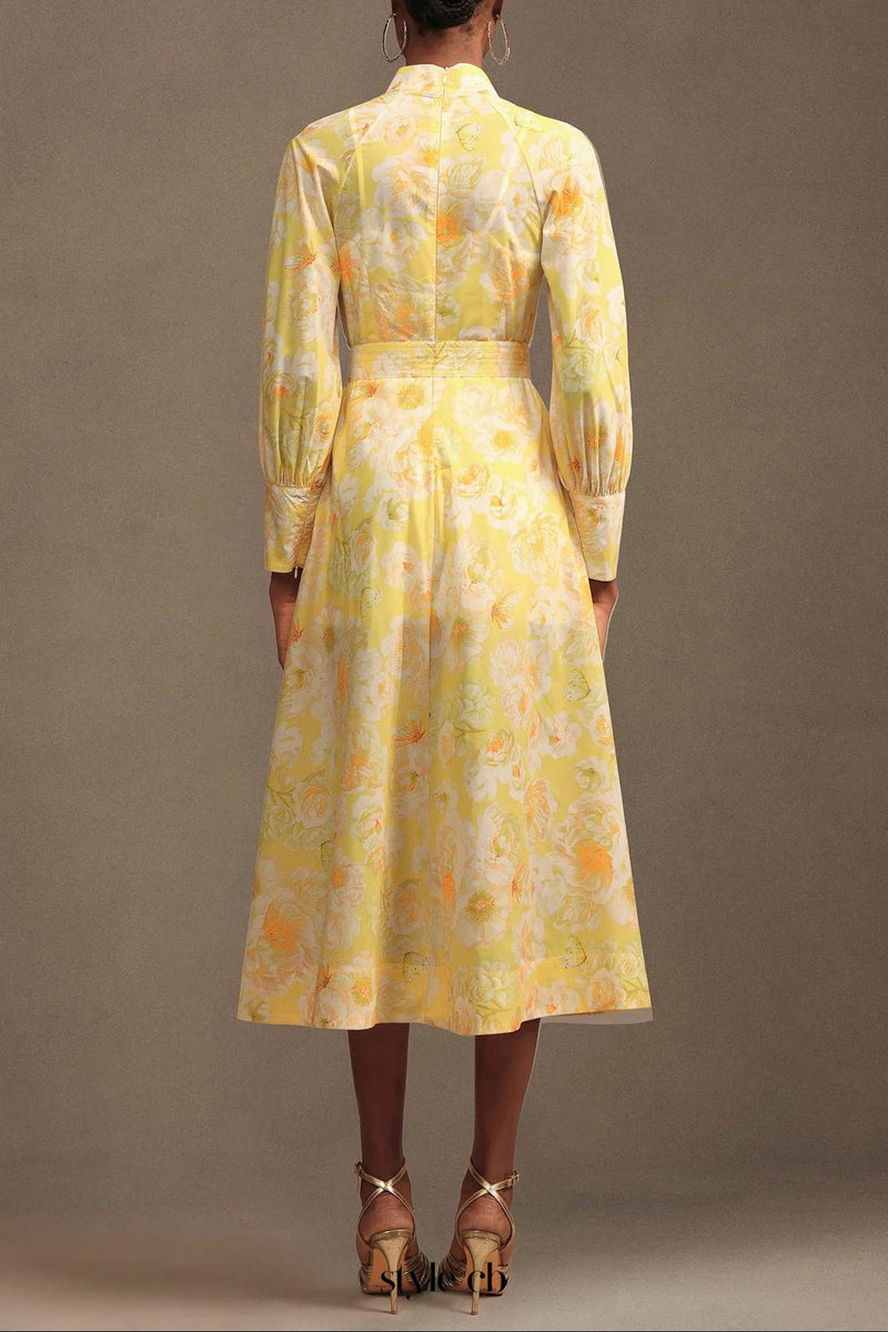 xaviera Long Sleeve Floral Printed Chiffon Maxi Dress in yellow
