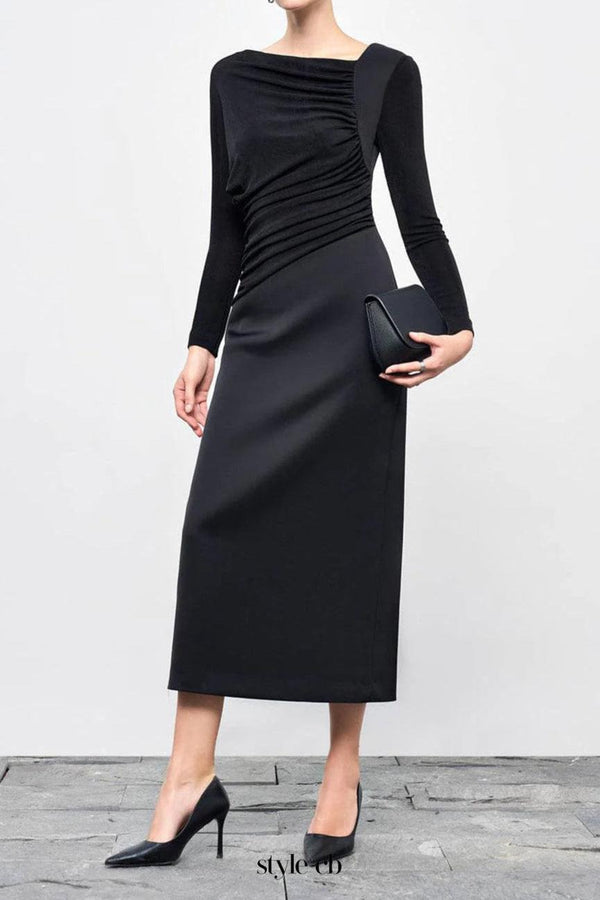 Mirabel A-line Back Slit Taffeta Midi Dress in black