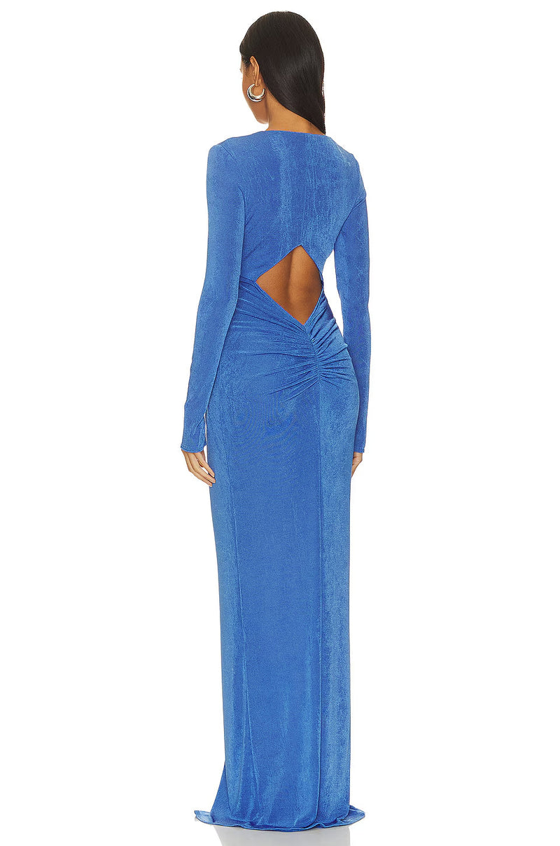 virginia blue pleated long sleeve high slit maxi dress