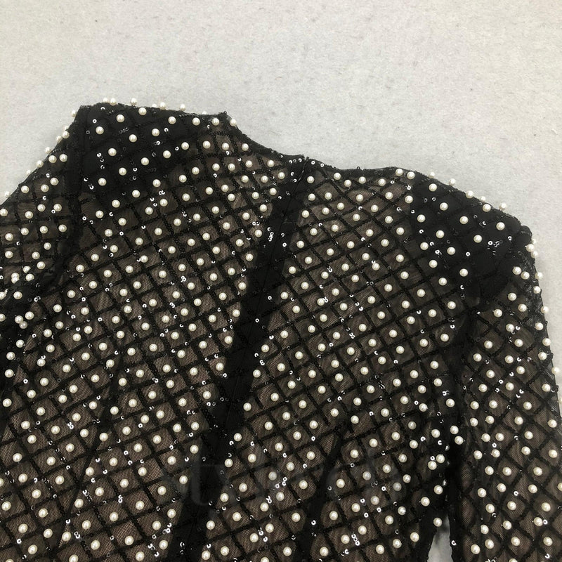 pearl embellished cut out bow mini dress in black