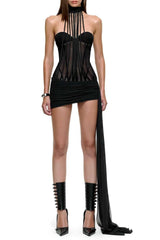 leila strapless corset mini Dress with ribbon in black