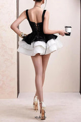 alexandra layer Wavy trim mini dress  - black/white