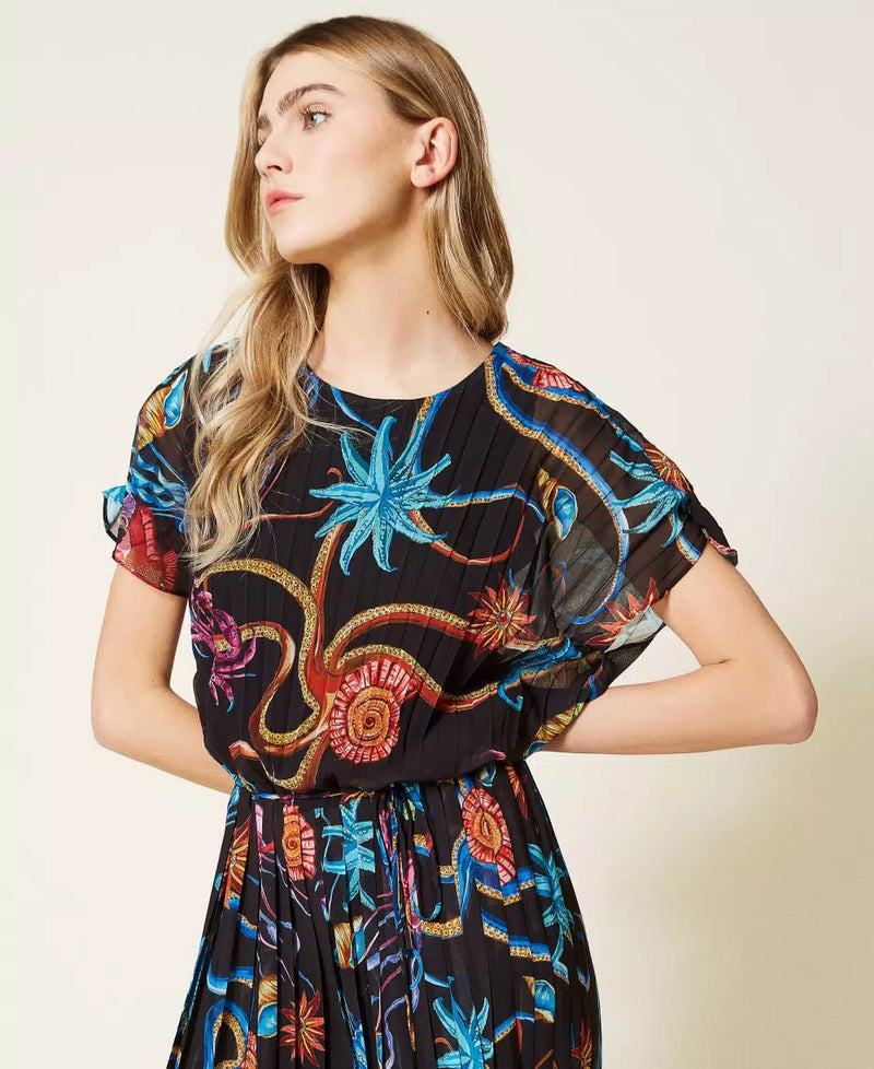 Printed jumpsuit in pleated georgette