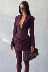 amelia v-neck ruched Blazer Mini Dress in Wine Red