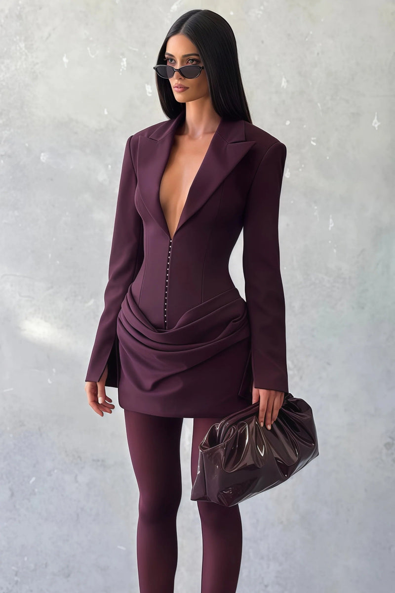 amelia v-neck ruched Blazer Mini Dress in Wine Red