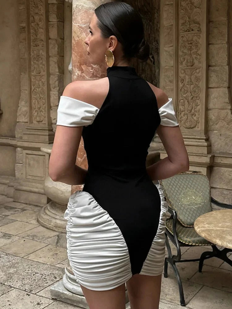 black-white Panel Sleeveless Gathered Halter mini Dress