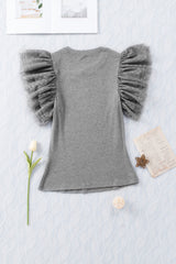 Black Dotty Mesh Ruffle Sleeve Ribbed Knit Top