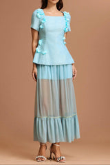 ursula blue Short Sleeves Flowers Folds Top And Skirt Two-Piece Set