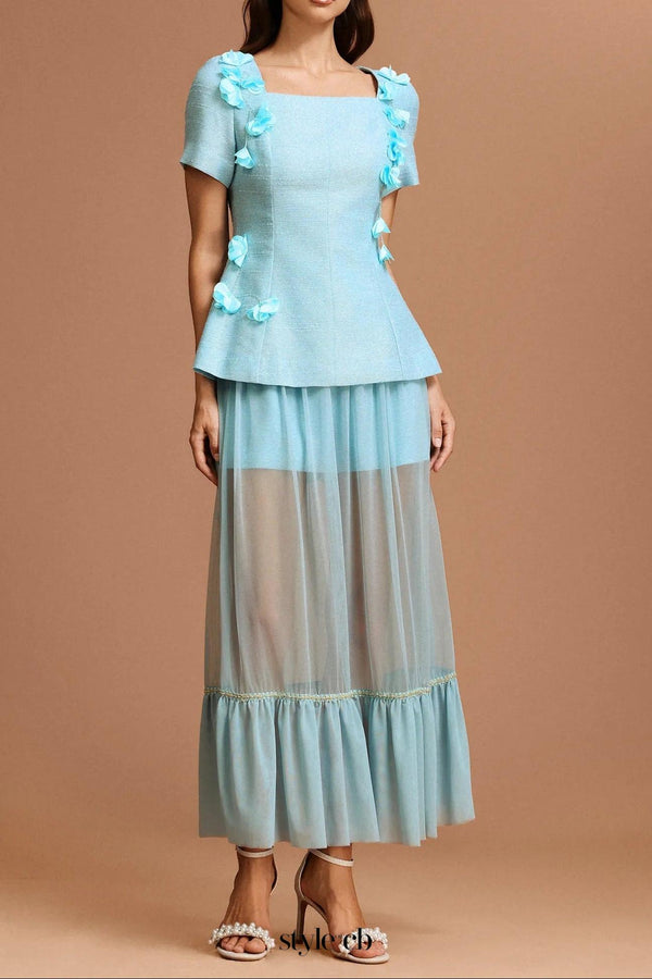 ursula blue Short Sleeves Flowers Folds Top And Skirt Two-Piece Set