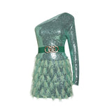 ONE-SHOULDER  FEATHER SEQUINS MINI DRESS