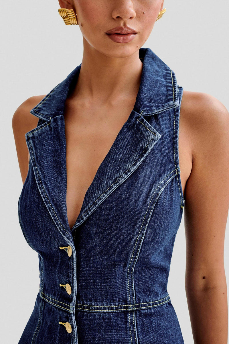 eartha Collared Denim Mini Dress - Dark Blue