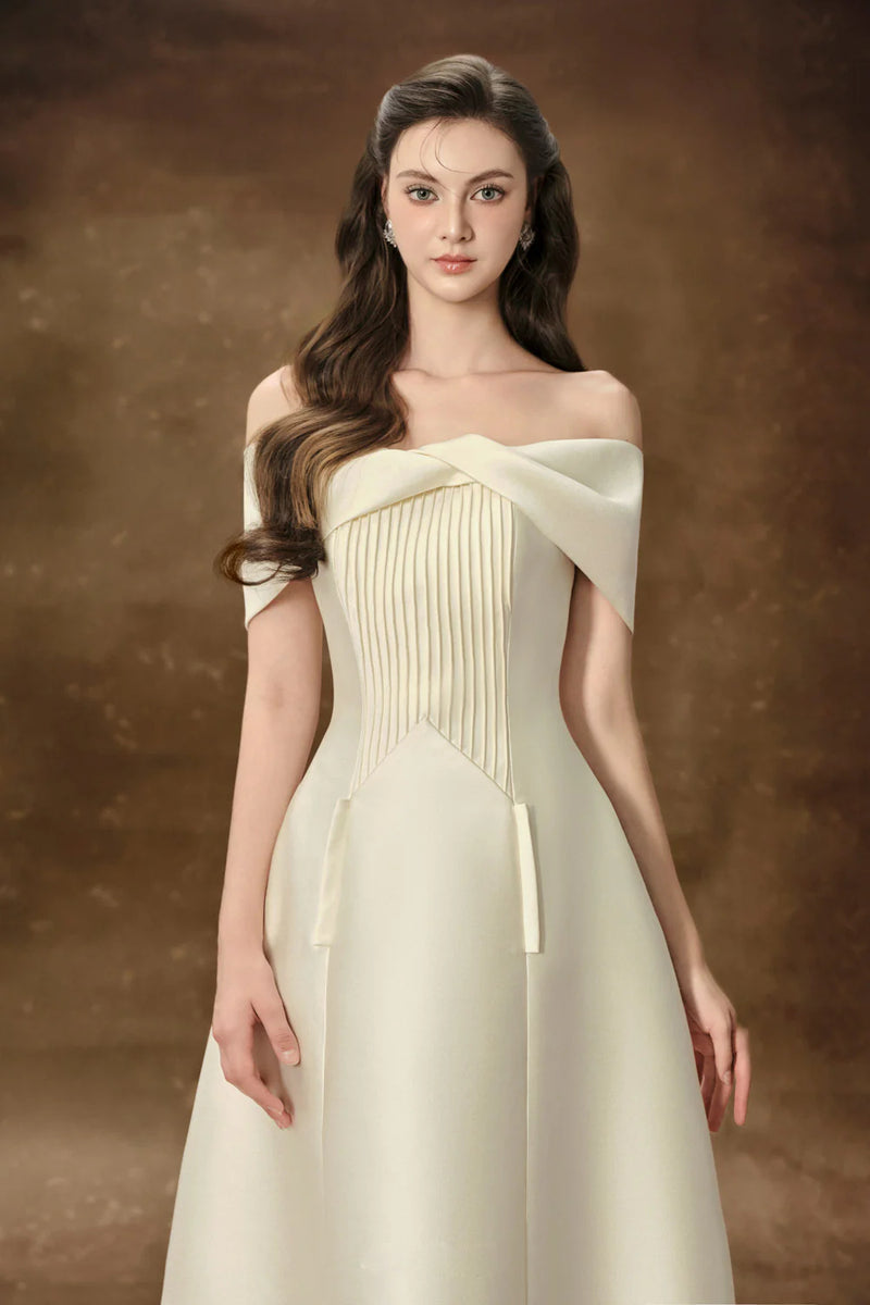 hebera a-line off-shoulder midi dress in cream
