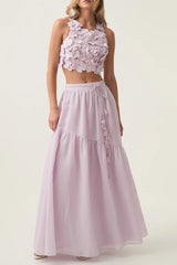 ashley Flower Shell Top Maxi Skirt set in purple