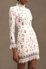 sebastiane Lace-trim long-sleeve floral midi dress in white