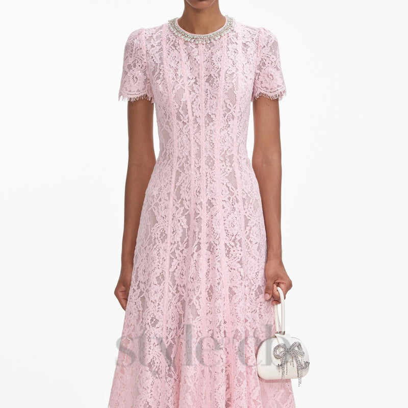 Lace Embellished Midi Dress in pink