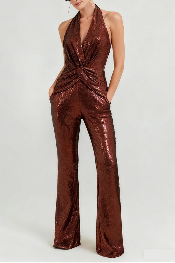 nora brown Sequin halterneck deep V high waist flared jumpsuit
