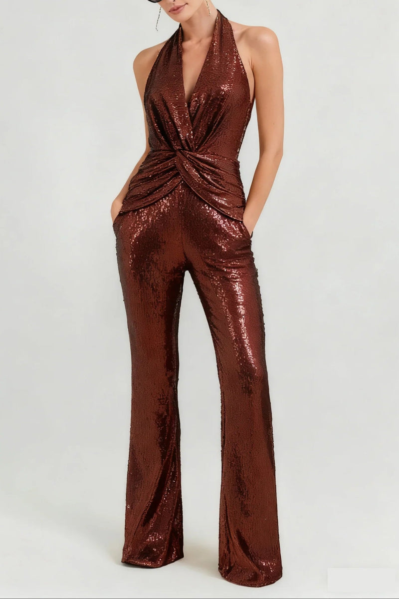 nora brown Sequin halterneck deep V high waist flared jumpsuit