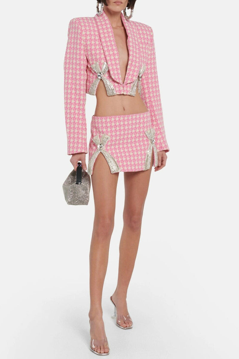 helen Embellished checked wool-blend blazer set in pink