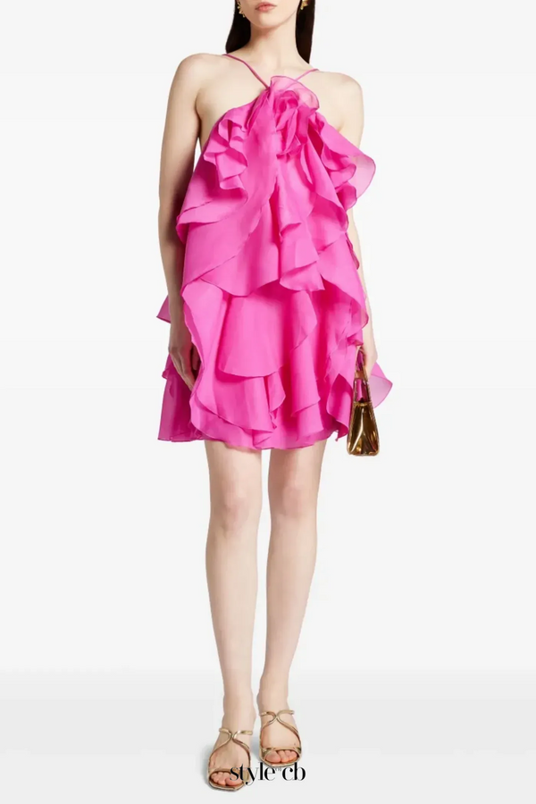 lorraine Halter Floral Ruffle Layered Mini Dress in Fuchsia