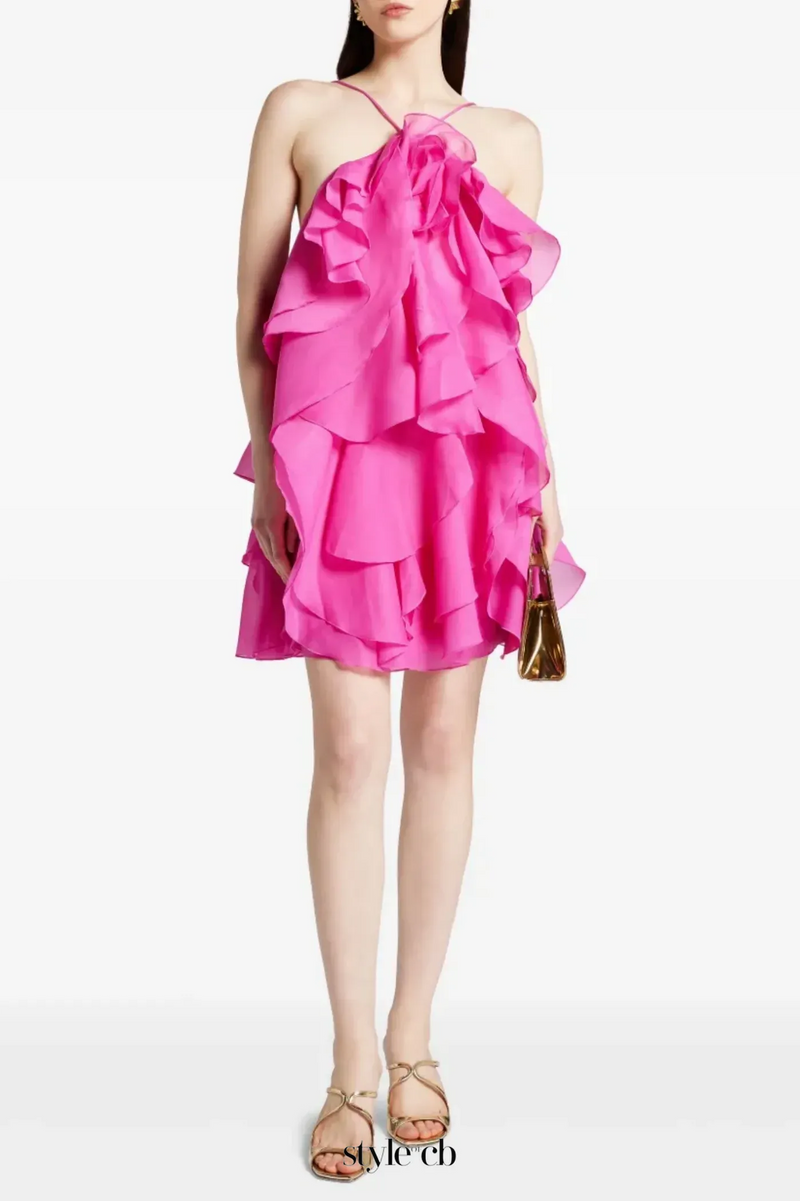 lorraine Halter Floral Ruffle Layered Mini Dress in Fuchsia