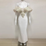 Off-Shoulder pearl embellished bodycon maxi dress in white