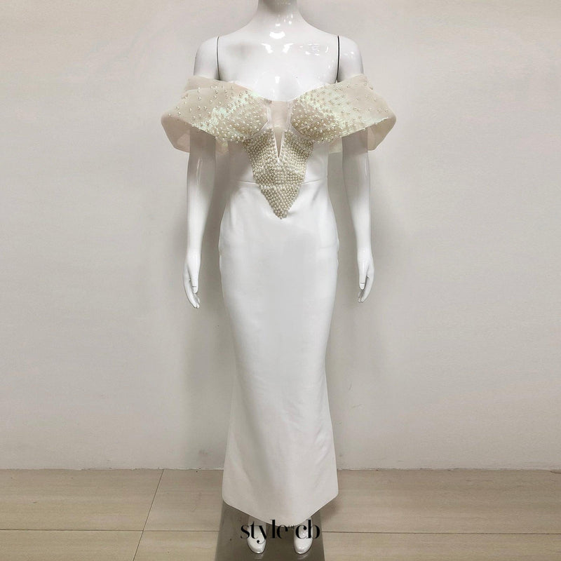 Off-Shoulder pearl embellished bodycon maxi dress in white
