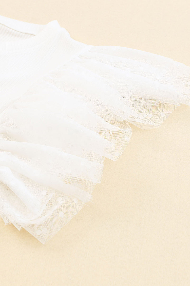 Black Dotty Mesh Ruffle Sleeve Ribbed Knit Top