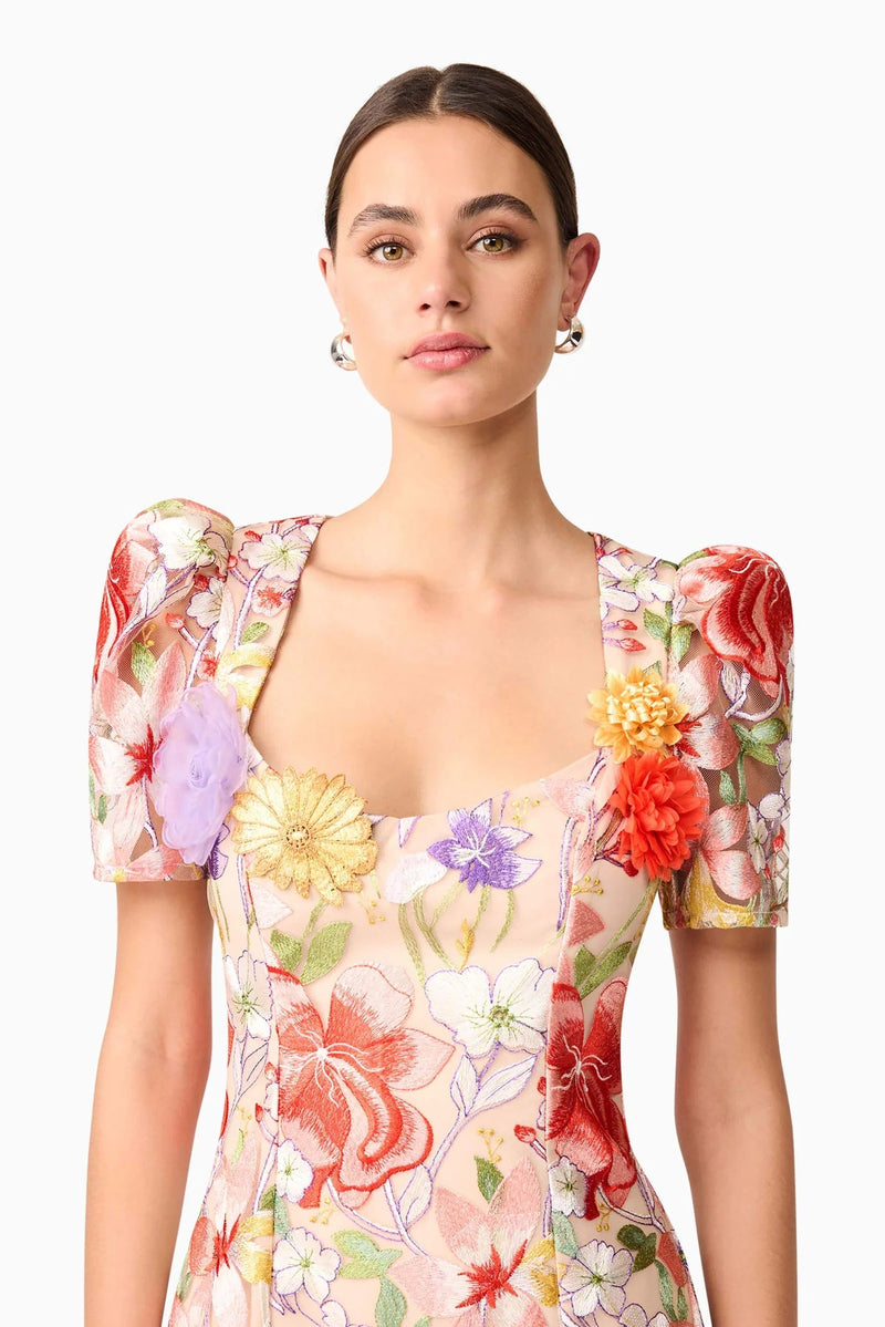 trista multicolor Square Neck backless Mesh Embroidered Fishtail maxi Dress