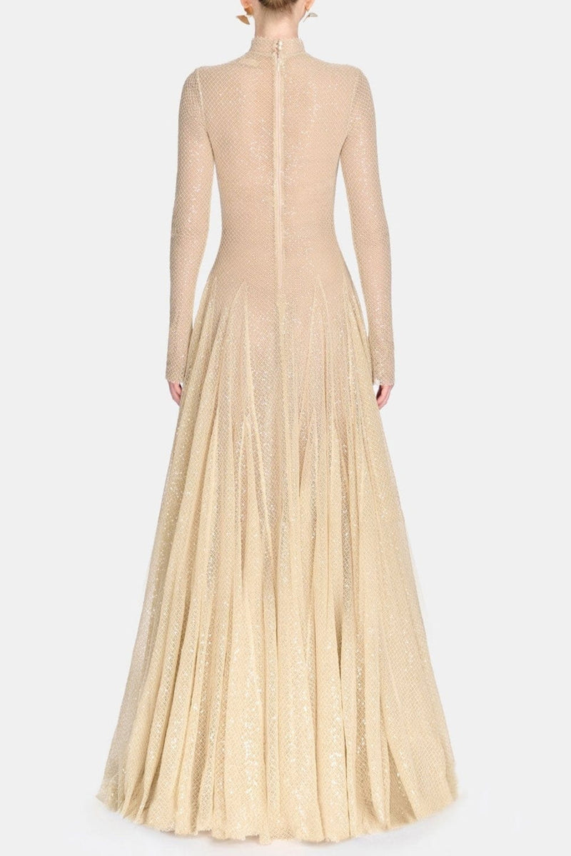 anila Beige mesh long sleeve slim maxi dress