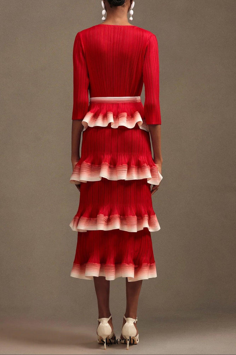 victoria Pleated Round Neck Long Sleeve Falbala Woven Maxi Dress in red