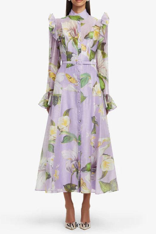 winni Lily Blossom Print Lilac Butterfly Sleeve Midi Dress