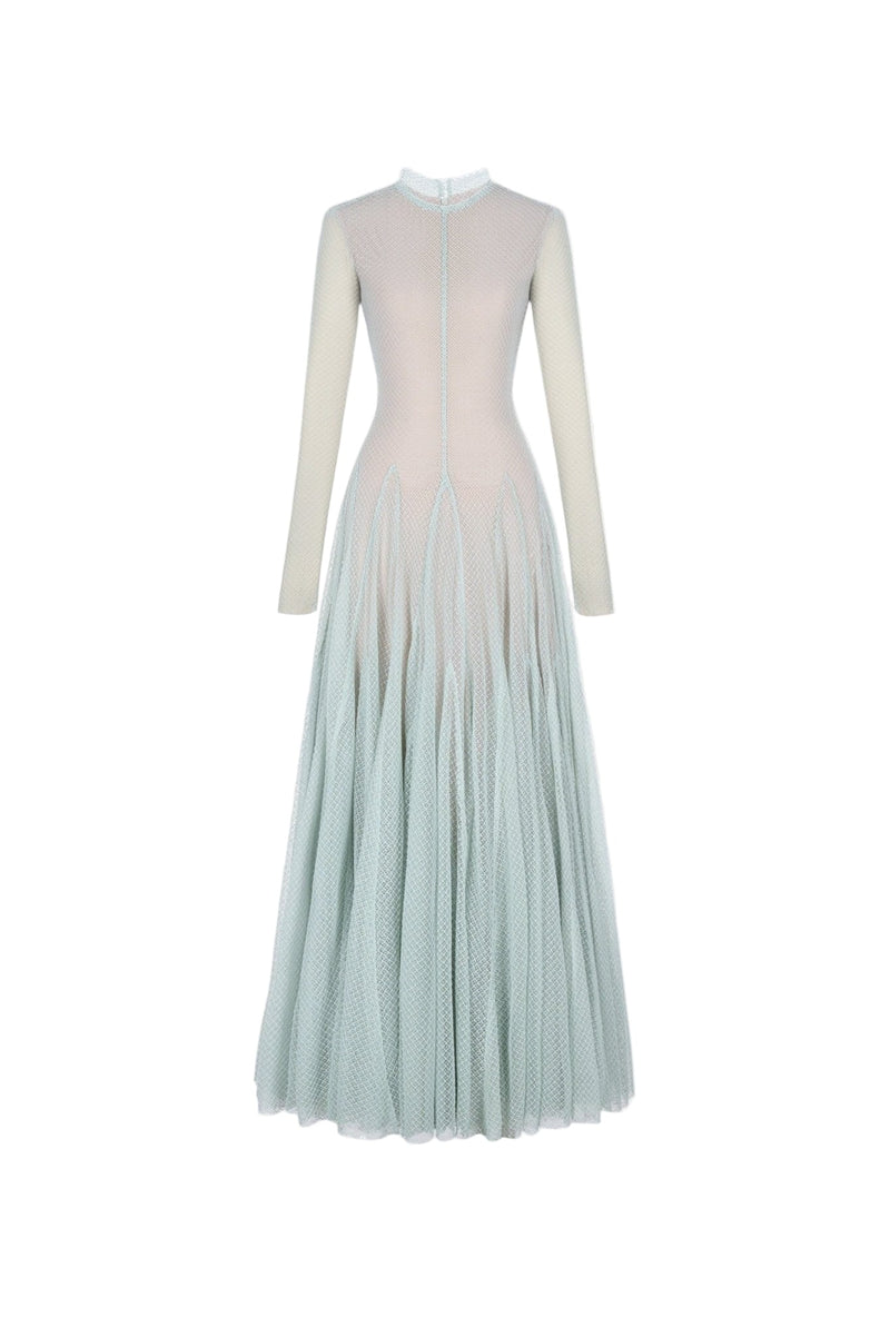anila mint mesh long sleeve slim maxi dress