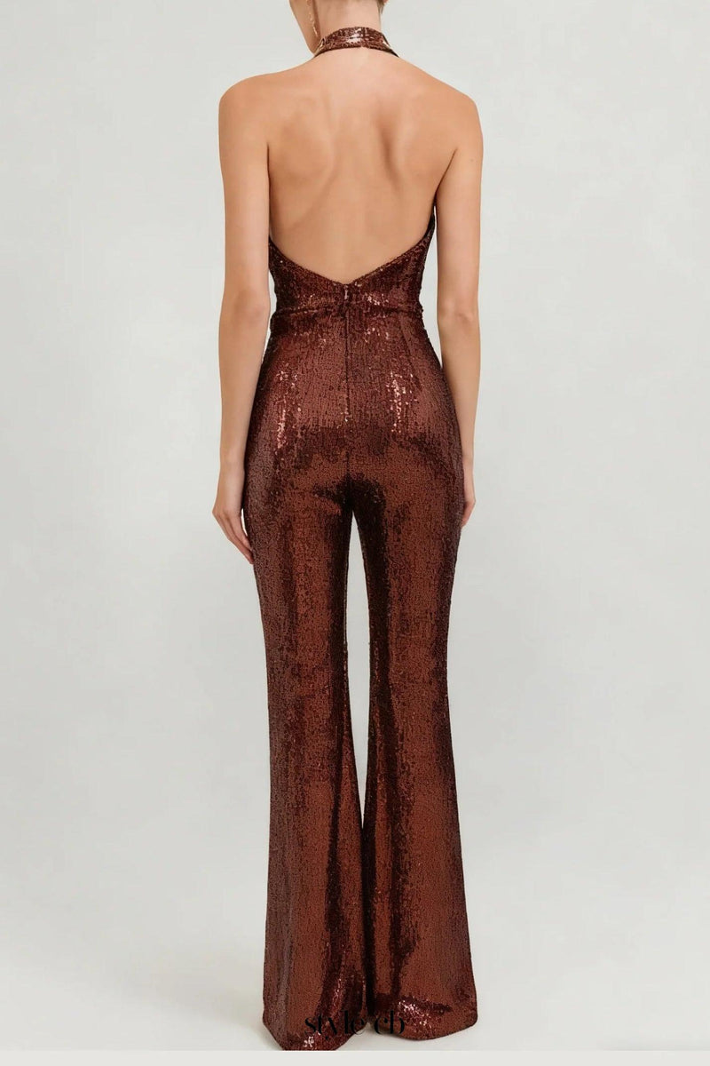 nora brown Sequin halterneck deep V high waist flared jumpsuit