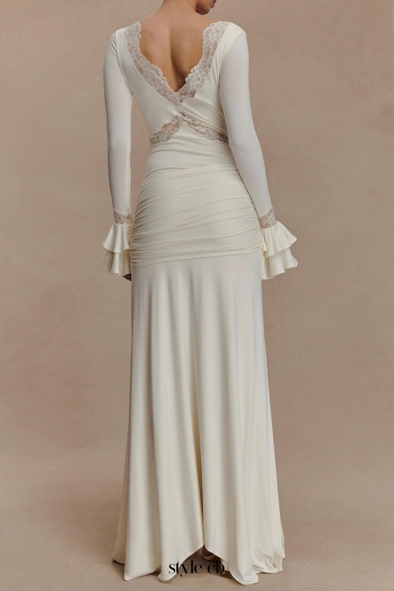 pamela V-neck lace see-through maxi dress in white