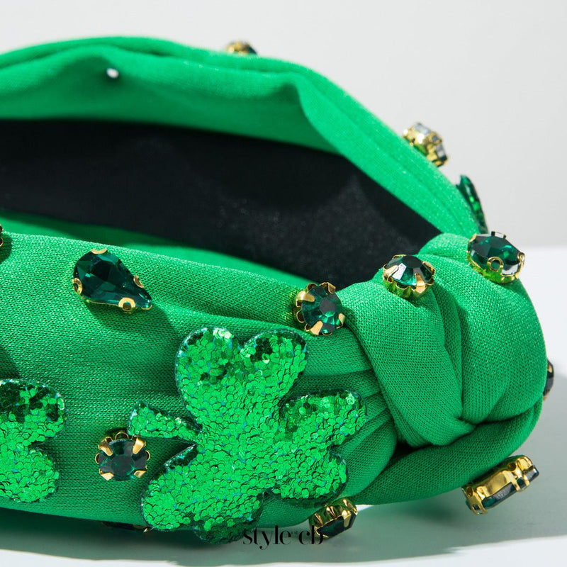 Green Diamond-Encrusted Clover Headband