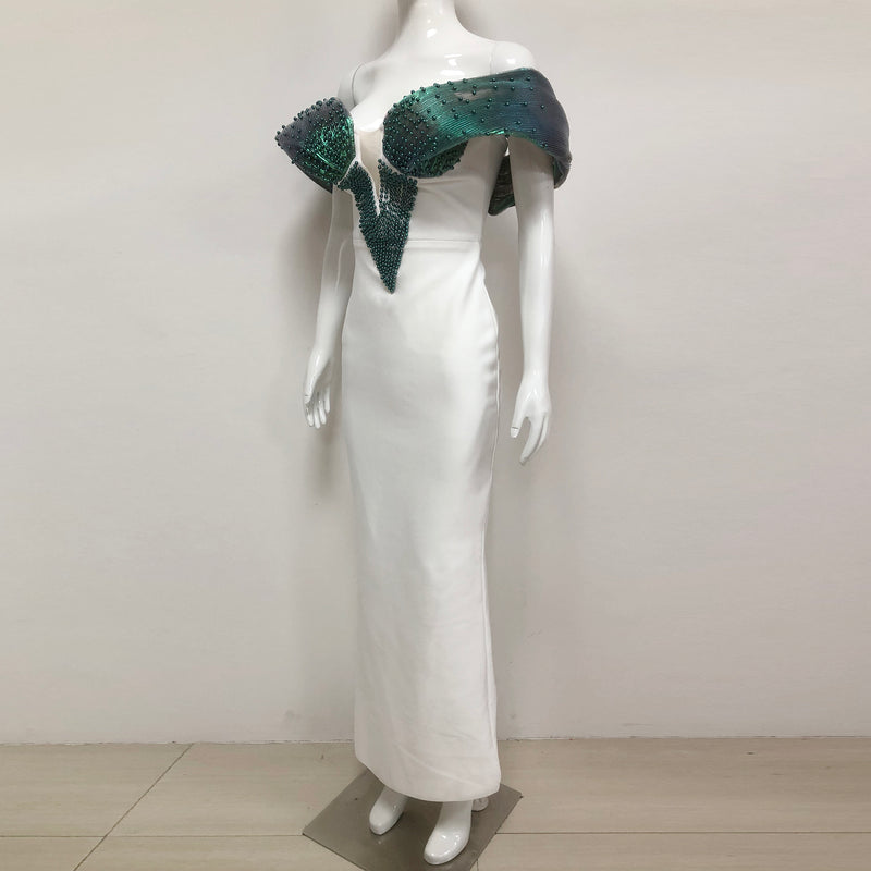 Off-Shoulder pearl embellished bodycon maxi dress in green