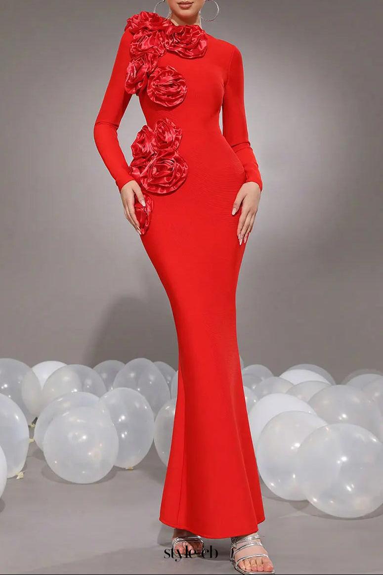 sally 3D Flower Decorative Bandage maxi Dress in red