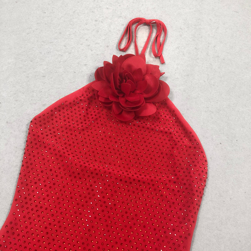 ursula 3d flower sequin halter maxi dress in red