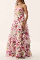 cathy floral print Pleated layer strapless maxi dress in pink