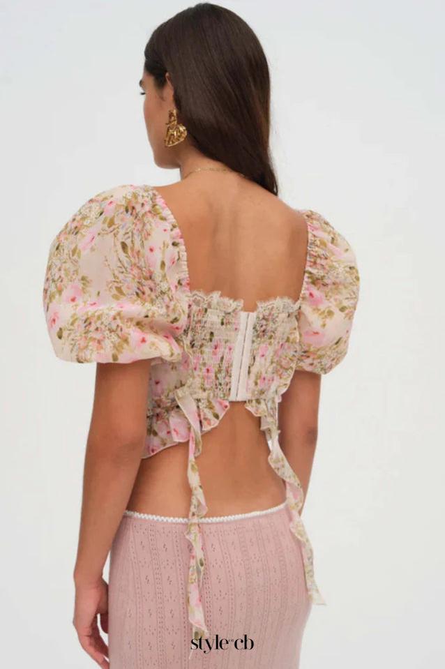 pink Tie-Drape Chiffon Shirt with Ruffled Puff Sleeves
